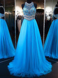 A-Line/Princess Jewel Sleeveless Sweep/Brush Train Tulle Prom Evening Dresses with Beading