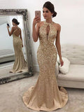 Trumpet/Mermaid Halter Sleeveless Sweep/Brush Train Satin Prom Evening Dresses with Sequin