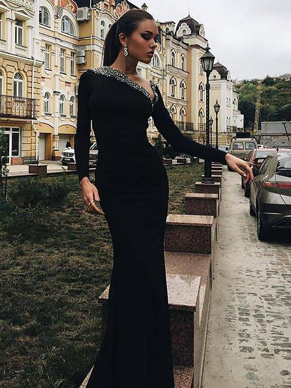 Trumpet/Mermaid One-Shoulder Long Sleeves Sweep/Brush Train Spandex Prom Evening Dresses with Beading