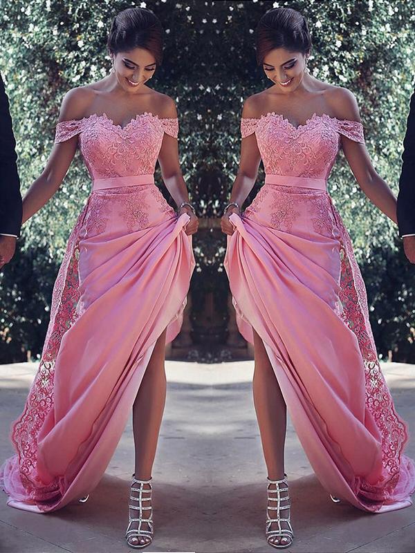 Sheath/Column Off-the-Shoulder Sleeveless Sweep/Brush Train Satin Prom Evening Dresses with Lace