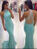 Sheath/Column High Neck Sleeveless Jersey Sweep/Brush Train Prom Evening Dresses with Beading