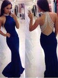 Sheath/Column High Neck Sleeveless Jersey Sweep/Brush Train Prom Evening Dresses with Beading