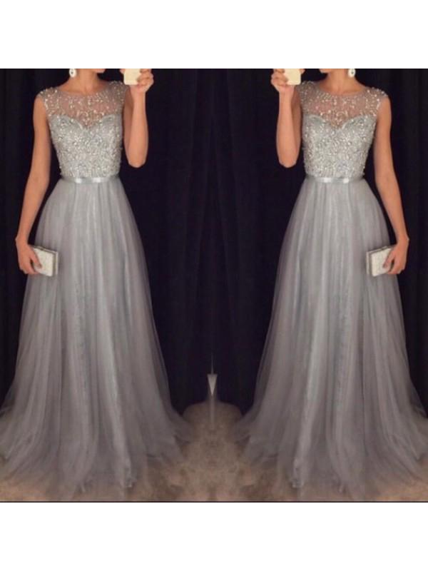 A-Line/Princess Scoop Sleeveless Tulle Sweep/Brush Train Prom Formal Evening Dresses with Beading