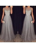 A-Line/Princess Scoop Sleeveless Tulle Sweep/Brush Train Prom Formal Evening Dresses with Beading