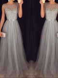 A-Line/Princess Scoop Sleeveless Tulle Sweep/Brush Train Prom Formal Evening Dresses with Beading