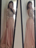 A-Line/Princess Scoop Long Sleeves Chiffon Sweep/Brush Train Prom Evening Dresses with Applique