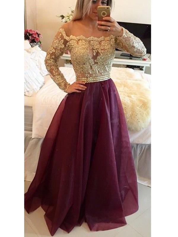 A-Line/Princess Scoop Sleeveless Organza Long Prom Formal Evening Dresses with Applique