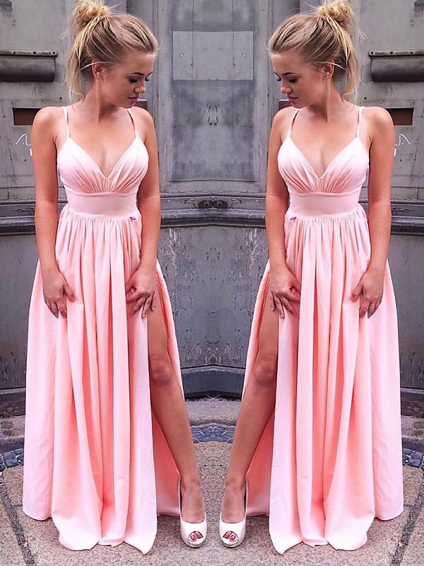 A-Line/Princess Straps Sleeveless Chiffon Long Prom Formal Evening Dresses with Ruched