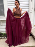 A-Line/Princess Halter Sleeveless Tulle Long Two Piece Prom Evening Dresses with Beading