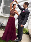 A-Line/Princess Halter Sleeveless Tulle Long Two Piece Prom Evening Dresses with Beading