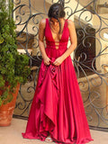 A-Line/Princess V-Neck Sleeveless Sweep Train Elastic Woven Satin Prom Evening Dresses with Ruffles