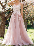 A-Line/Princess Jewel Floor-Length Tulle Sleeveless Prom Formal Dresses with Lace Applique