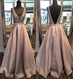 A-Line/Princess V-Neck Sleeveless Long Satin Prom Dresses with Beading
