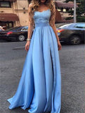 A-Line/Princess V-Neck Sleeveless Sweep/Brush Train Taffeta Prom Formal Dresses with Lace