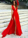 A-Line/Princess V-Neck Sleeveless Long Chiffon Formal Evening Dresses