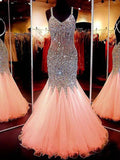 Mermaid/Trumpet V-Neck Sleeveless Long Prom Evening Dresses with Sequins