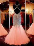 Mermaid/Trumpet V-Neck Sleeveless Long Prom Evening Dresses with Sequins