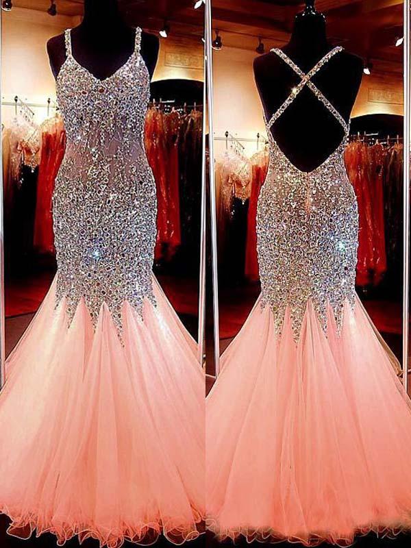Mermaid/Trumpet V-Neck Sleeveless Long Prom Evening Dresses with Sequins