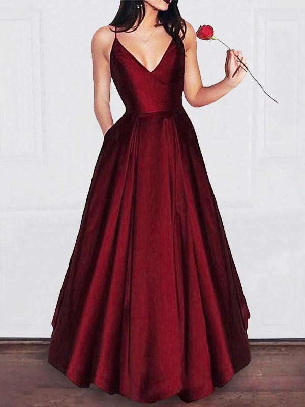 A-Line/Princess V-neck Sleeveless Long Satin Evening Formal Dresses wi Dessiny A-Line/Princess V-neck Sleeveless Long Satin Evening Formal Dresses wi Dessiny
