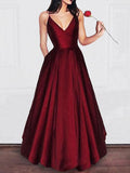 A-Line/Princess V-neck Sleeveless Long Satin Evening Formal Dresses with Ruffles