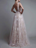 A-Line/Princess V-neck Sleeveless Long Tulle Prom Formal Dresses with Beading