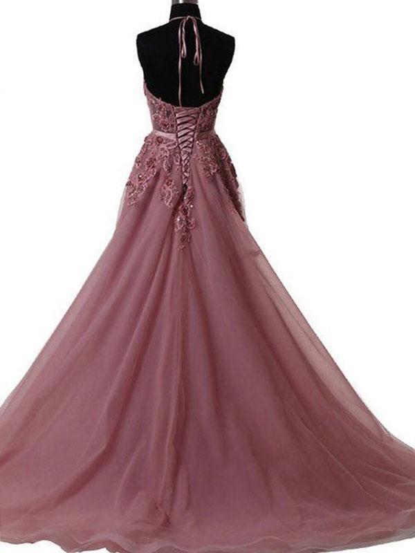 A-Line/Princess Halter Sleeveless Sweep/Brush Train Tulle Prom Formal Dresses with Applique