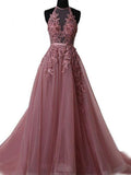 A-Line/Princess Halter Sleeveless Sweep/Brush Train Tulle Prom Formal Dresses with Applique