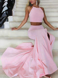 A-Line/Princess Halter Sleeveless Sweep/Brush Train Satin Two Piece Prom Dresses with Ruffles