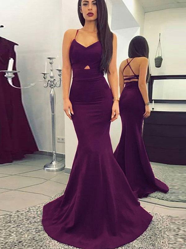 Trumpet/Mermaid Spaghetti Straps Sleeveless Sweep/Brush Train Elastic Woven Satin Evening Dresses with Ruched