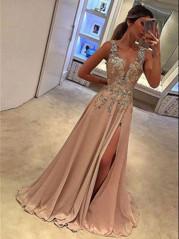 A-Line/Princess V-neck Sleeveless Long Chiffon Prom Dresses with Appli Dessiny A-Line/Princess V-neck Sleeveless Long Chiffon Prom Dresses with Appli Dessiny