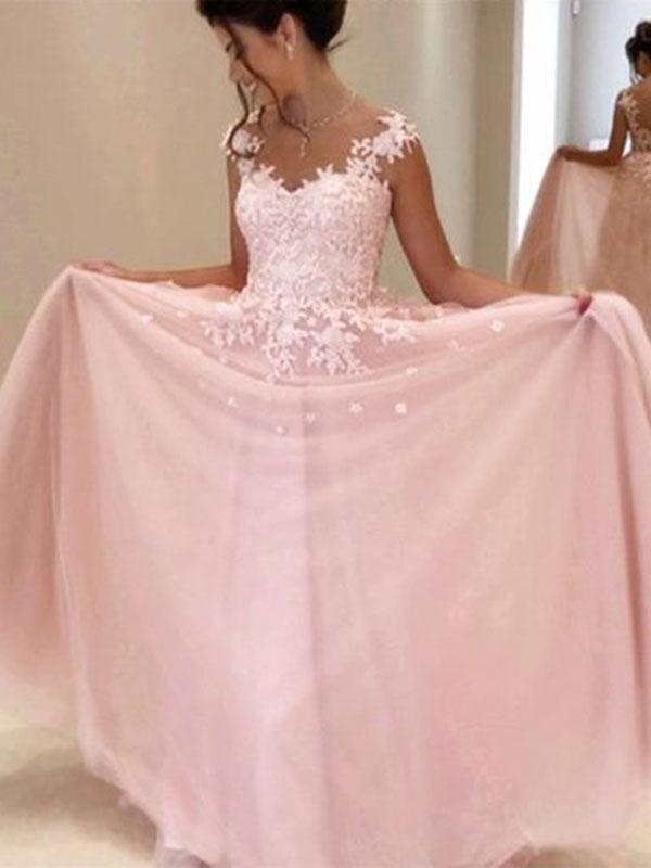 A-Line/Princess Sweetheart Sleeveless Long Tulle Prom Formal Dresses with Applique