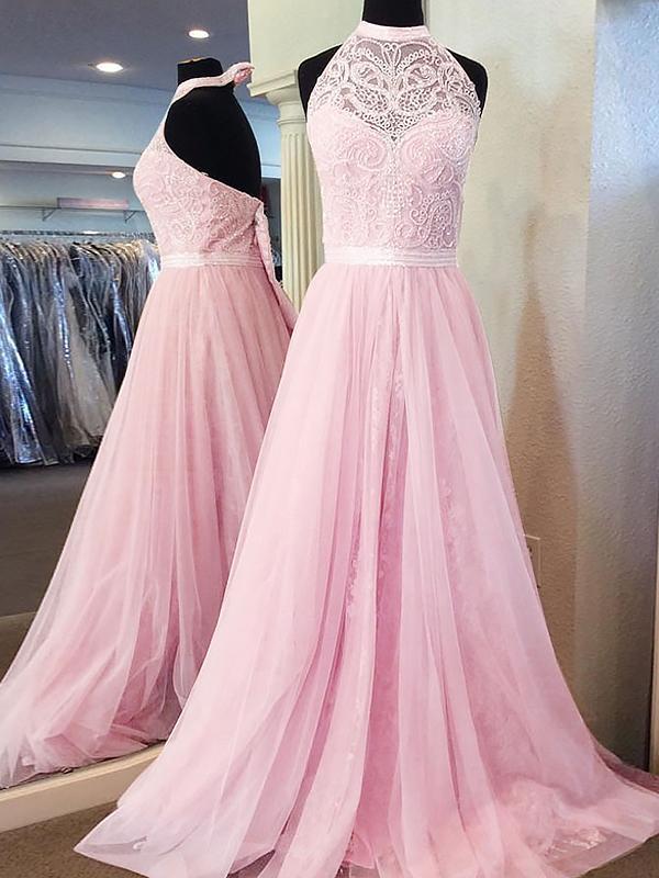 A-Line/Princess Halter Sleeveless Sweep/Brush Train Tulle Prom Formal Dresses with Lace