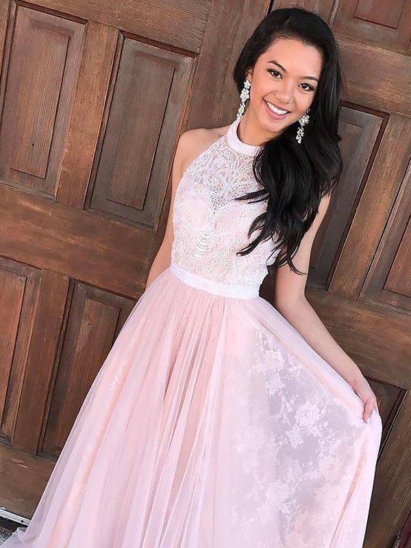 A-Line/Princess Halter Sleeveless Sweep/Brush Train Tulle Prom Formal Dessiny A-Line/Princess Halter Sleeveless Sweep/Brush Train Tulle Prom Formal Dessiny