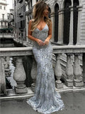 Trumpet/Mermaid V-neck Sleeveless Floor-Length Tulle Prom Formal Dresses with Sequins