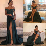 A-Line/Princess Off-the-Shoulder Sleeveless Sweep/Brush Train Chiffon Split Dresses with Lace