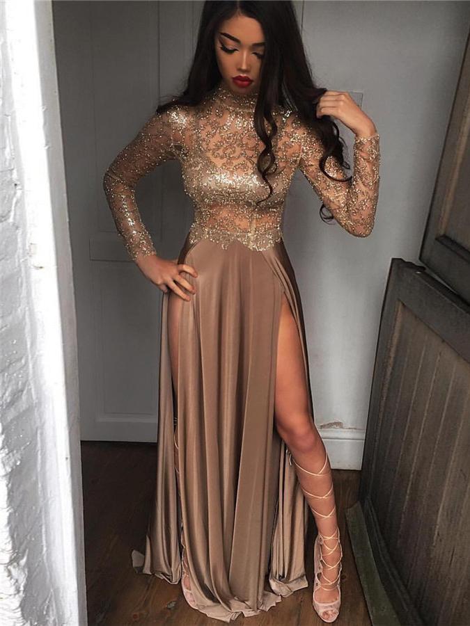 A-Line/Princess High Neck Long Sleeves Court Train Sequins Prom Formal Dresses with Sequins