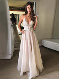 A-Line/Princess Spaghetti Straps Sleeveless Sweep/Brush Train Organza Prom Dresses with Lace