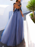 A-Line/Princess Bateau Long Sleeves Floor-Length Tulle Prom Formal Dresses with Applique