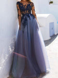 A-Line/Princess Bateau Long Sleeves Floor-Length Tulle Prom Formal Dresses with Applique