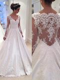 Ball Gown V-neck Long Sleeves Satin Court Train Wedding Dresses with Lace
