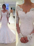 Trumpet/Mermaid V-neck Long Sleeves Tulle Court Train Bridal Dresses with Lace