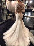 Trumpet/Mermaid V-neck Long Sleeves Tulle Court Train Wedding Dresses with Lace