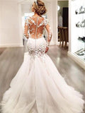 Trumpet/Mermaid V-neck Long Sleeves Tulle Court Train Wedding Dresses with Lace