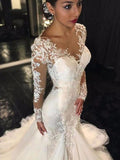 Trumpet/Mermaid V-neck Long Sleeves Tulle Court Train Wedding Dresses with Lace