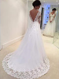 Ball Gown V-neck Long Sleeves Tulle Court Train Bridal Gown with Lace