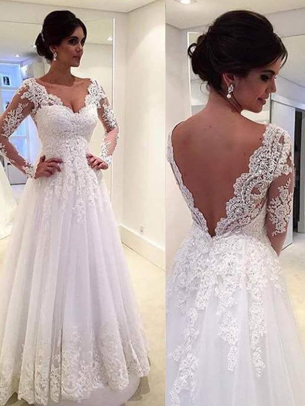 Ball Gown V-neck Long Sleeves Tulle Court Train Bridal Gown with Lace