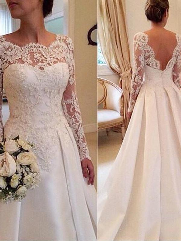 Ball Gown Scoop Long Sleeves Satin Court Train Bridal Dresses with Lace