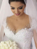 Ball Gown V-neck Sleeveless Tulle Long Wedding Dresses with Beading