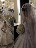 Ball Gown V-neck Sleeveless Tulle Long Wedding Dresses with Beading
