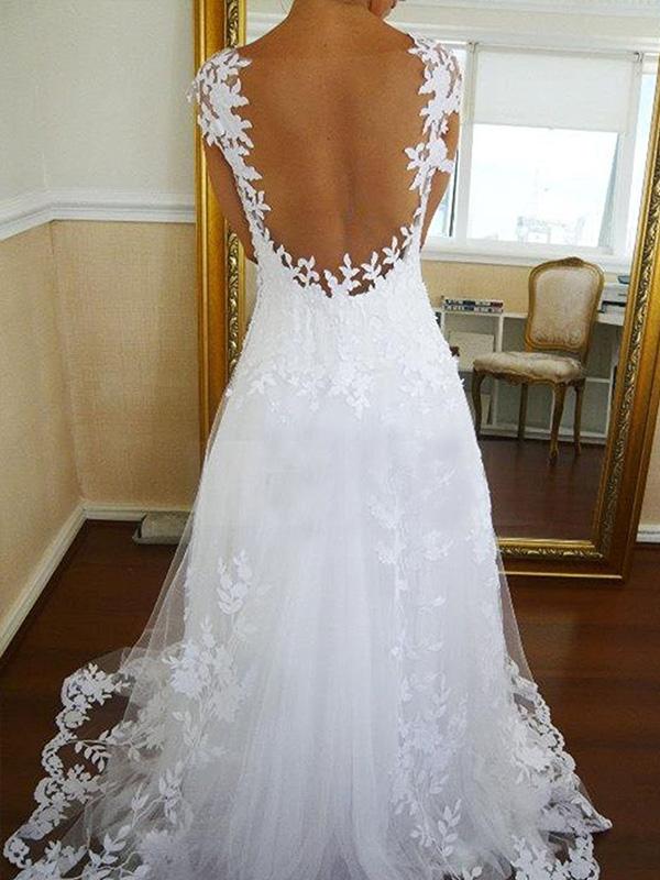 A-Line/Princess V-neck Sleeveless Tulle Sweep/Brush Train Bridal Dresses with Lace